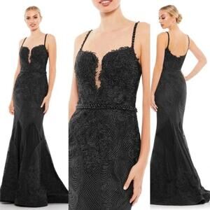 NWT Mac Duggal Womens Embroidered Sleeveless Plunge Neck Trumpet Gown Size 14